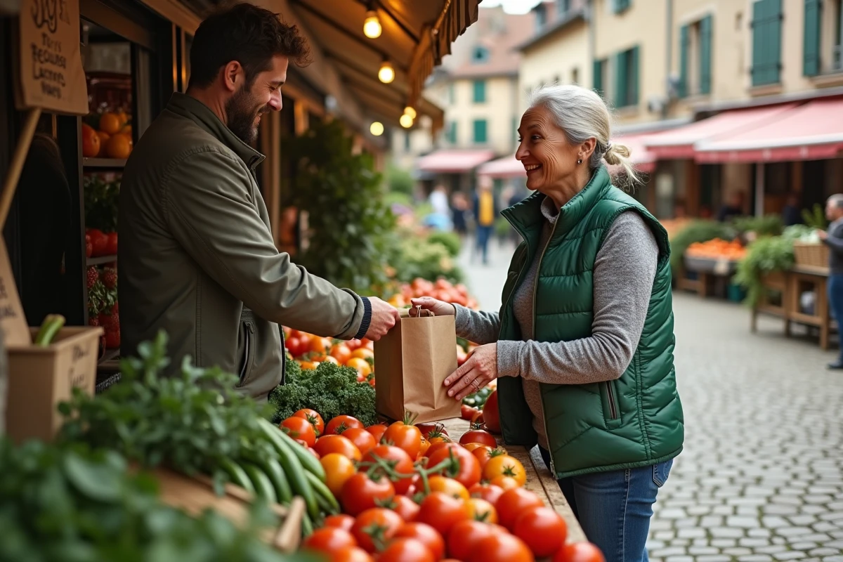 Productrice locale vendant des légumes frais à un client sur un marché de village français pavé