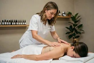 Masseuse professionnelle en tenue blanche effectuant un massage thérapeutique sur une table dans un cabinet de bien-être