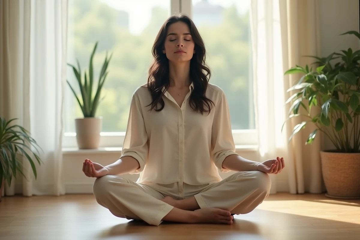Femme en méditation matinale dans un salon minimaliste, illustrant la pratique de la loi de l'attraction à l'heure miroir 08h08