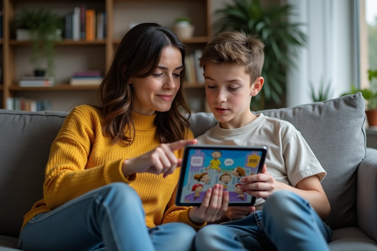 Mère et fils adolescent regardant ensemble des webtoons sur une tablette dans le salon, représentant le dialogue parental sur les contenus numériques pour ados
