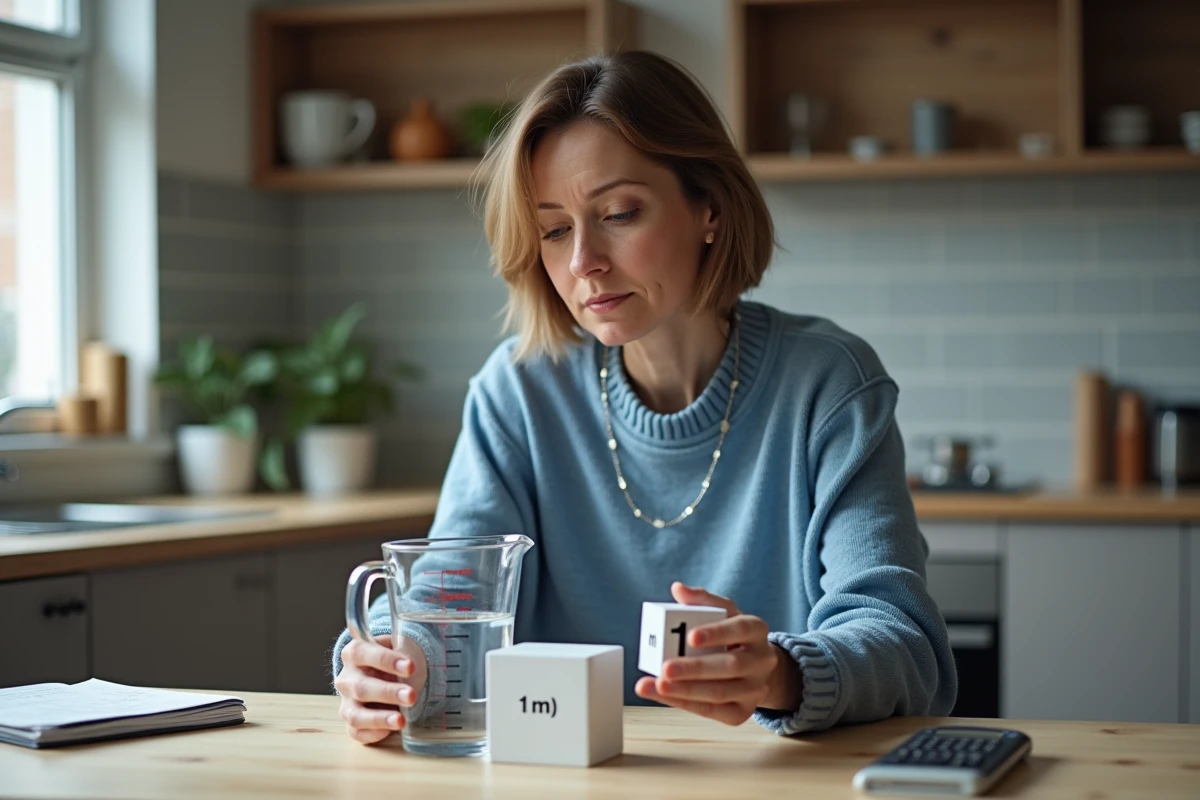 Femme comparant un verre doseur et cube d'eau dans la cuisine
