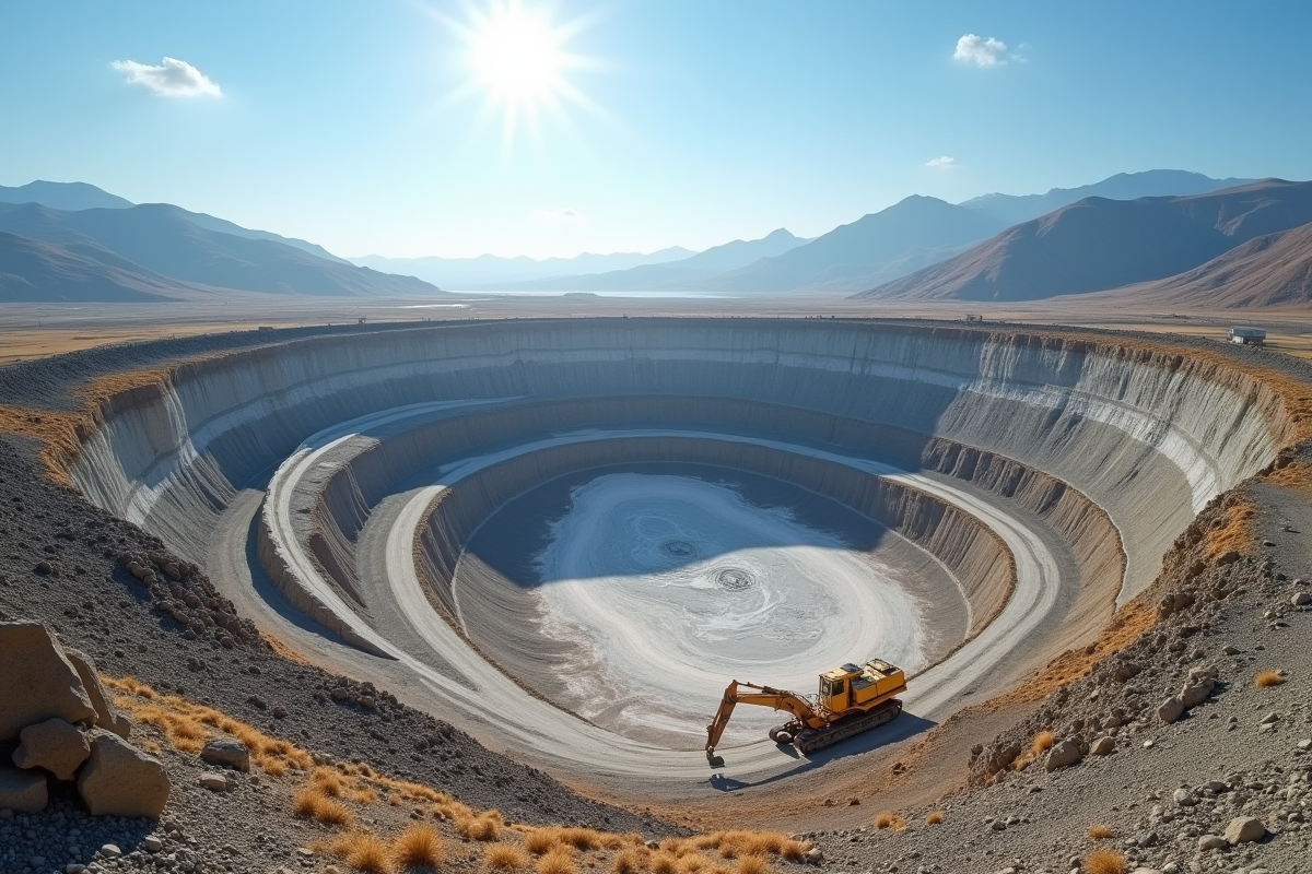 Mine de lithium à ciel ouvert avec machinerie et montagnes