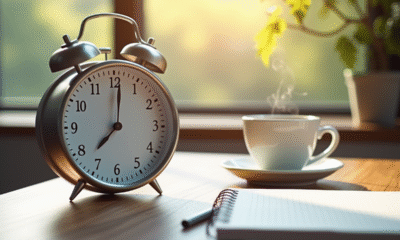 Montre analogique moderne indiquant 2 heures sur un bureau en bois