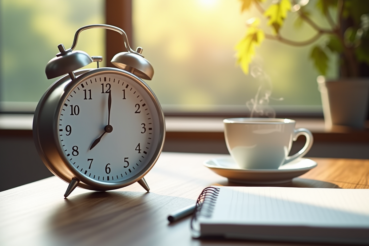 Montre analogique moderne indiquant 2 heures sur un bureau en bois