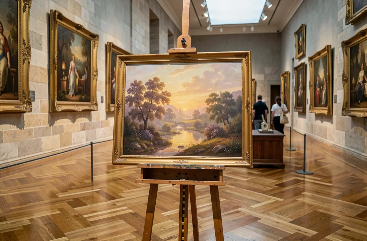 Chevalet ancien dans un musée européen présentant une peinture lumineuse aux couleurs atmosphériques inspirée des grands maîtres de la couleur comme Turner