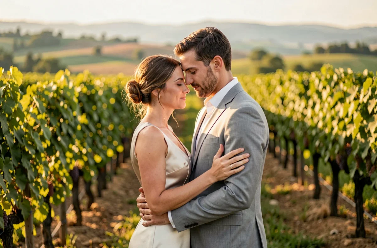 Couple de mariés s'embrassant dans un vignoble à Saint-Romain-de-Jalionas, capturé par Ni Vert Ni Sage