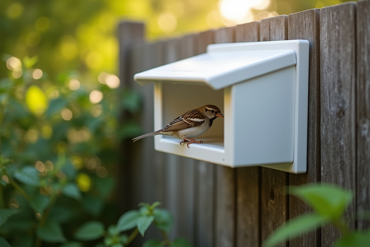Nichoir en PVC installé sur une clôture avec un moineau à l