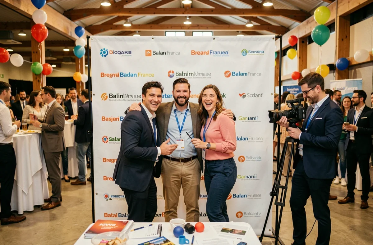 Animation photo événementielle avec un groupe de collègues posant dans un stand photo lors d'un événement à Balan