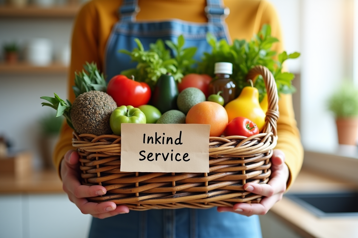 Mains tenant un panier cadeau avec produits frais dans une cuisine lumineuse