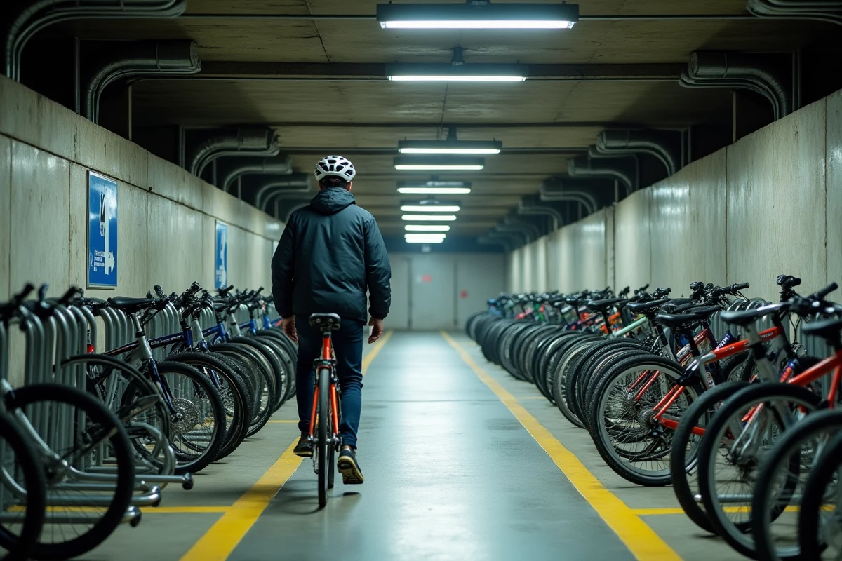 Parking vélos souterrain d'une station Ligne 14 avec rangées de racks métalliques et cycliste rangeant son vélo