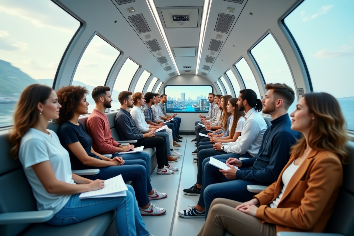 Passagers jeunes dans un Hyperloop futuriste intérieur