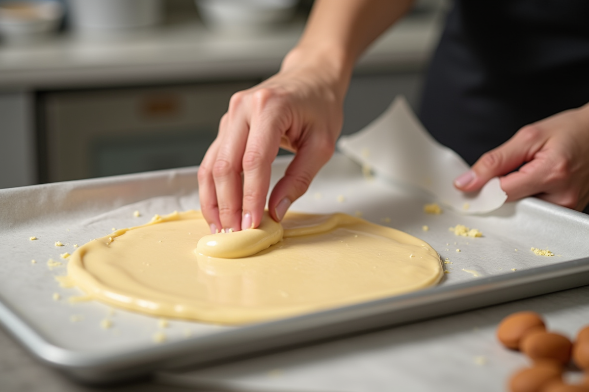 Mains d’un pâtissier étalant la pâte d’amande