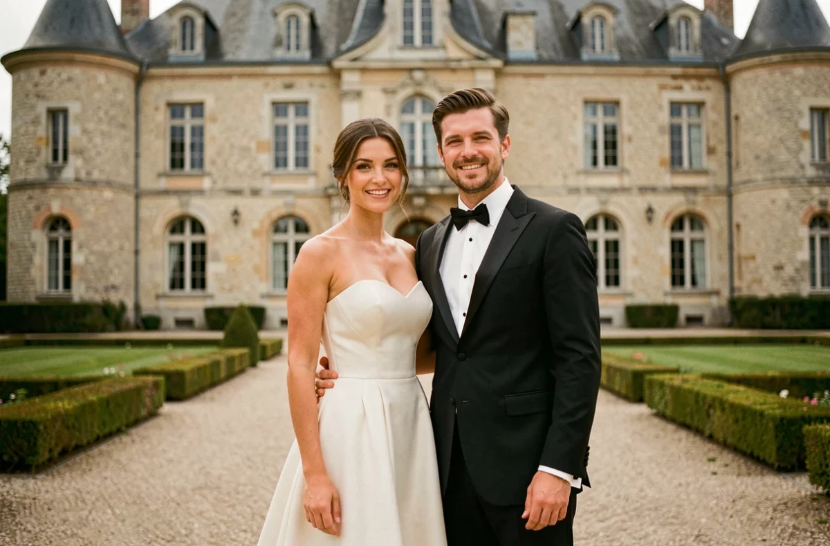 Couple de mariés élégants devant un château à Beynost, photographiés par Patrice Binard