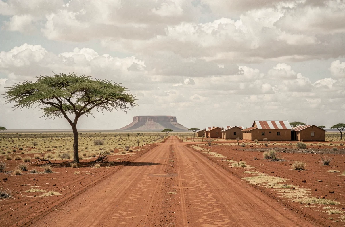 Paysage de savane semi-aride en Afrique subsaharienne avec route en latérite et village au loin, symbolisant l'étendue géographique des grands territoires africains