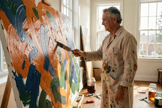 Peintre célèbre devant une grande toile colorée dans un atelier d'artiste aux tons chauds, palette de couleurs vives à la manière des maîtres de la couleur