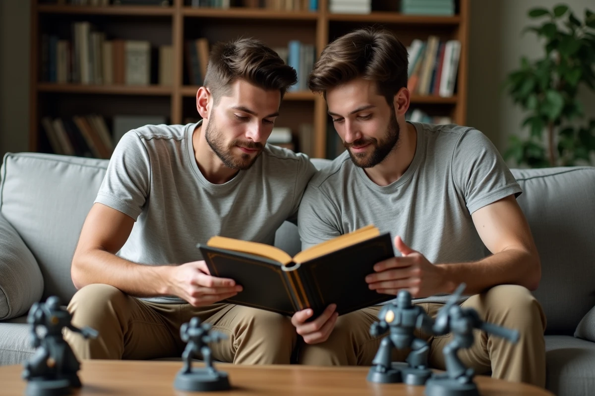 Père et fils adolescent lisant ensemble un roman Warhammer 40K sur un canapé avec des figurines space marine sur la table basse