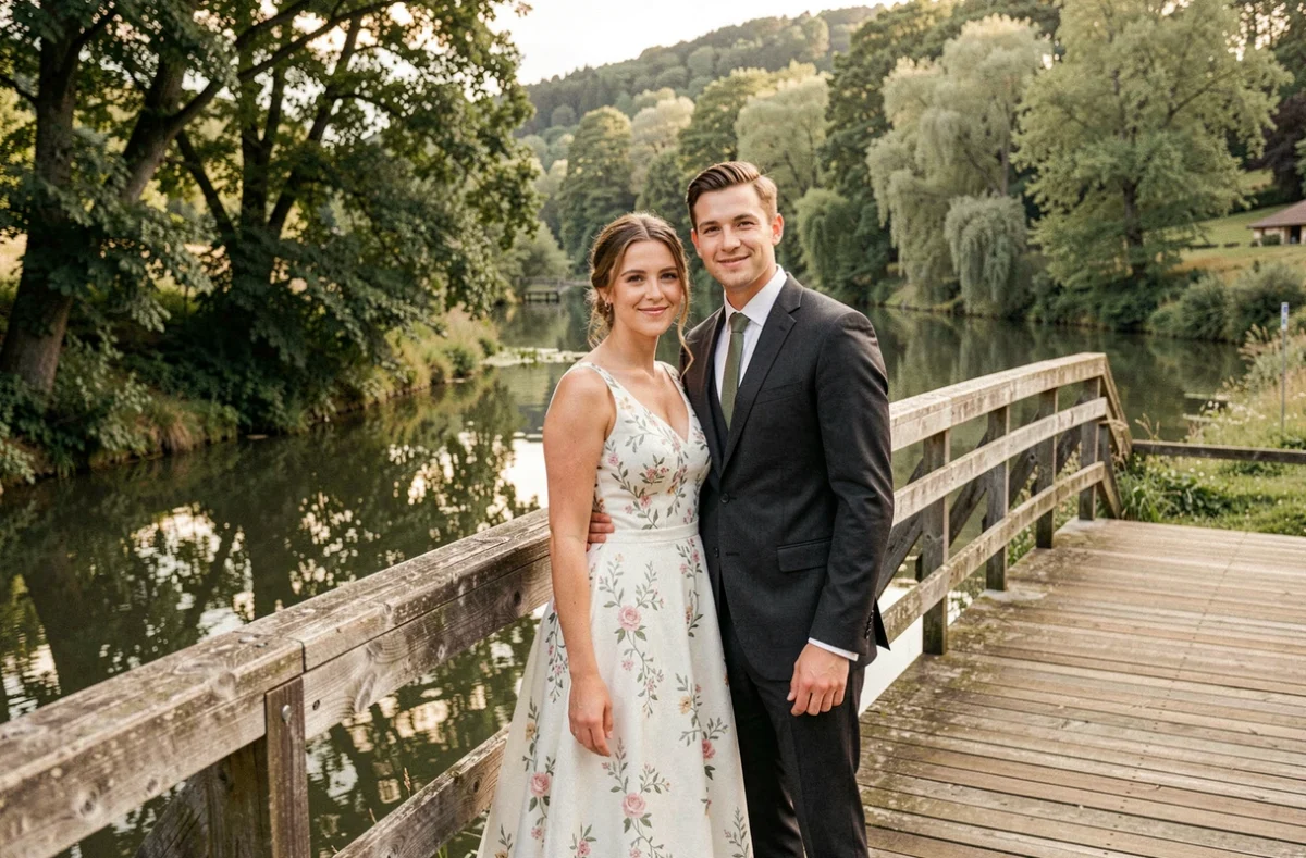 Mariés souriants sur un pont en bois au bord de la rivière à Tignieu-Jameyzieu, photographiés par Photo Bizet