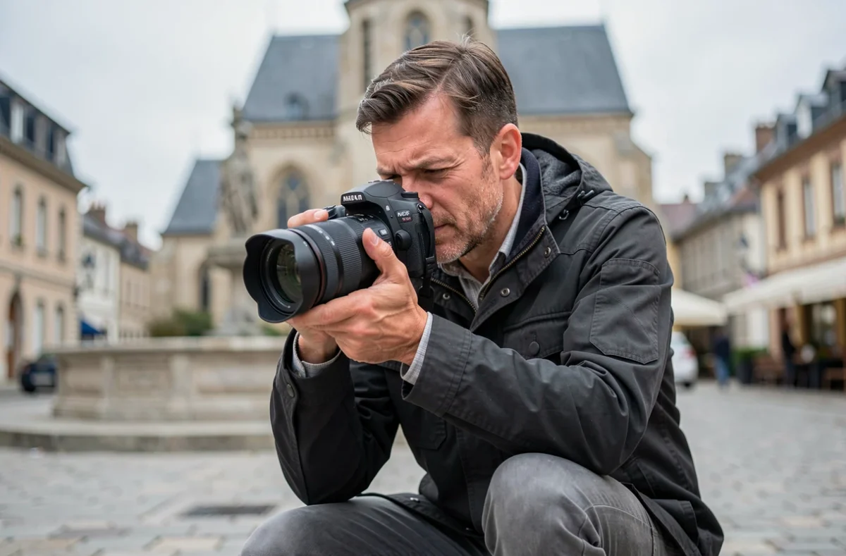 Photographe professionnel Pierre en action dans le centre de Bourg-en-Bresse avec son appareil photo