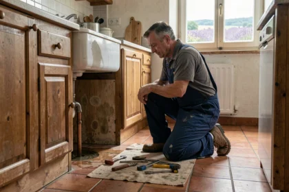 Plombier professionnel intervenant en urgence sous un évier dans une maison de la Drôme