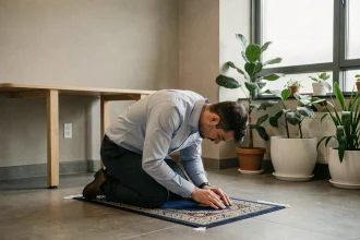 Un homme en tenue professionnelle effectuant sa prière sur un tapis dans un coin calme d'un bureau moderne à Montpellier