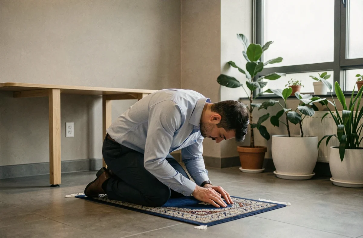 Un homme en tenue professionnelle effectuant sa prière sur un tapis dans un coin calme d'un bureau moderne à Montpellier