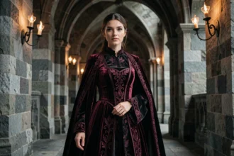 Jeune femme en costume fantasy noir et cramoisi dans un couloir de château médiéval, illustrant l'univers de la princesse des flammes noires