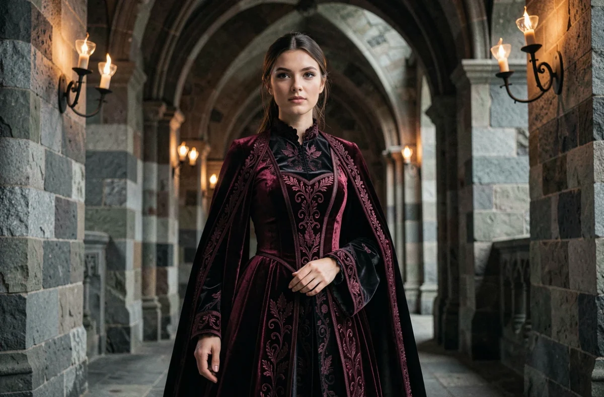 Jeune femme en costume fantasy noir et cramoisi dans un couloir de château médiéval, illustrant l'univers de la princesse des flammes noires