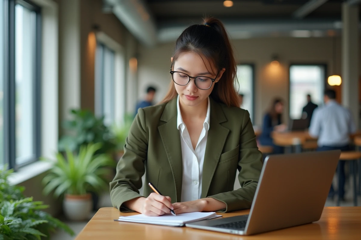 Jeune professionnelle rédigeant un mail efficace au service client Darty dans un espace de co-working