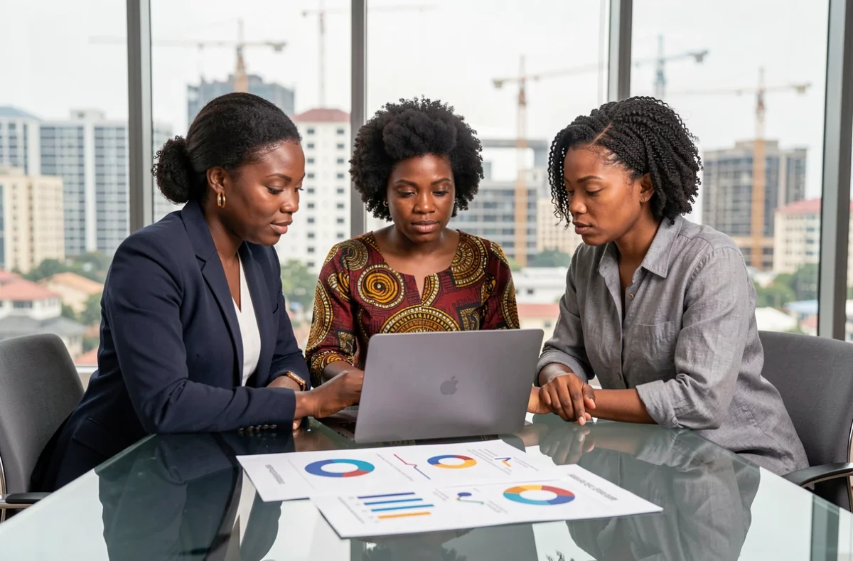 Trois professionnelles africaines analysant des données économiques dans un espace de coworking moderne, évoquant les forces et défis des grandes économies africaines