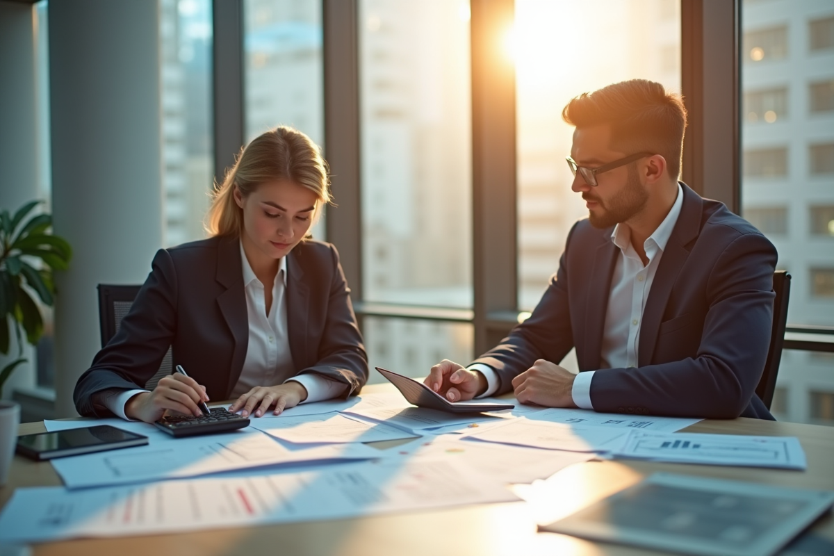 Une femme et un homme d'affaires examinent des documents financiers au bureau