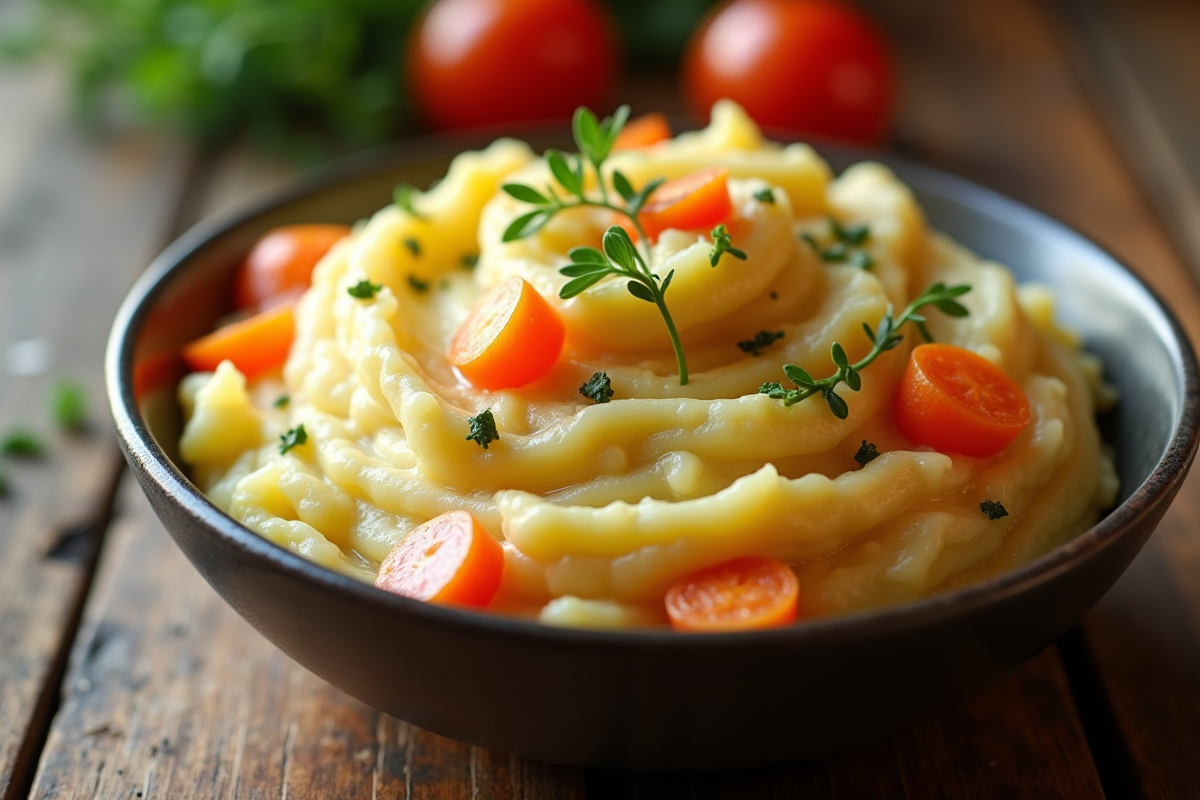 Bol de purée de carottes et pommes de terre aux herbes