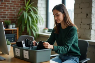 Jeune femme recyclant des appareils électroniques dans un bureau moderne