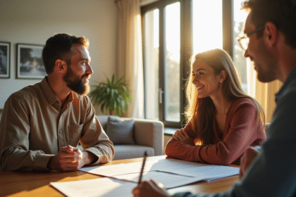 Couple rencontrant un agent immobilier dans un salon moderne