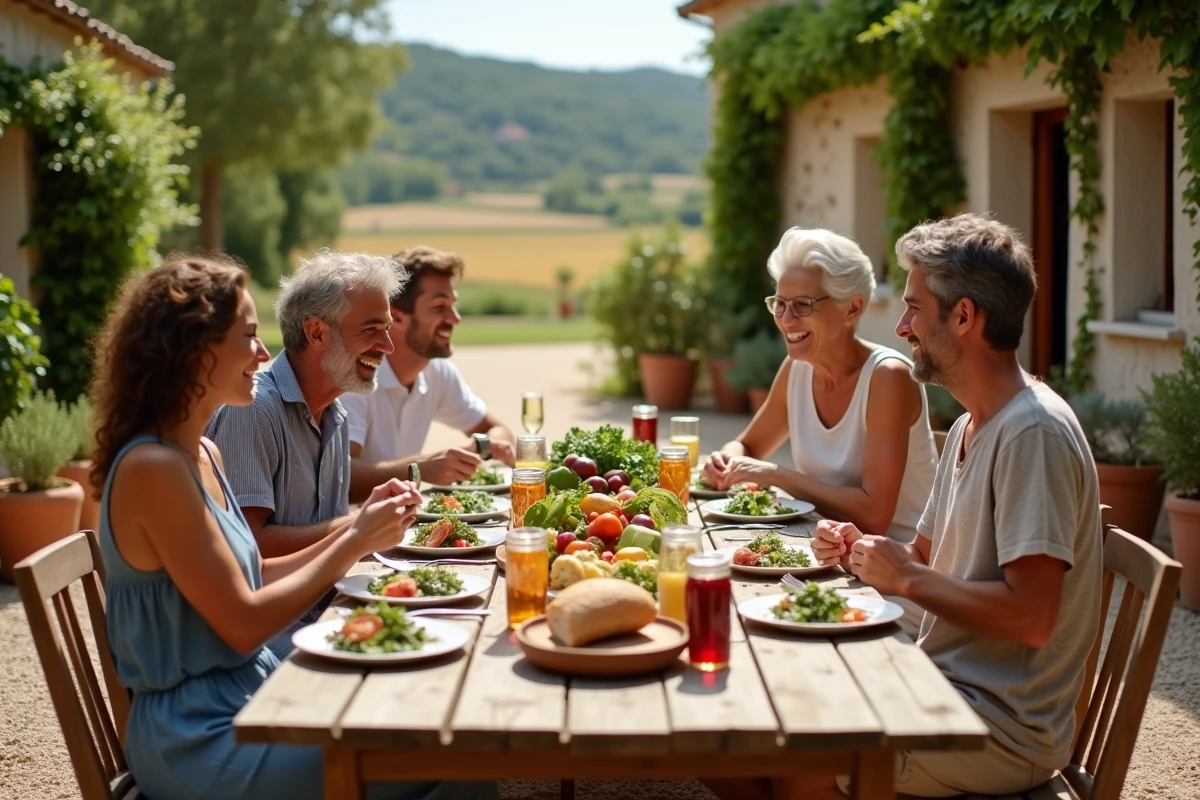 Groupe d'adultes partageant un repas convivial autour d'une table en bois dans une ferme provençale en plein air