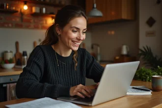 Femme réservant des billets de concert aux chandelles 2026 en ligne sur son ordinateur portable depuis chez elle