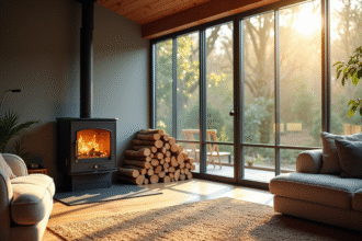 Salon moderne avec poele à bois en fonctionnement et lumière naturelle