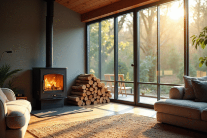 Salon moderne avec poele à bois en fonctionnement et lumière naturelle