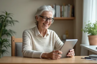 Femme senior souriante utilisant une tablette à la maison
