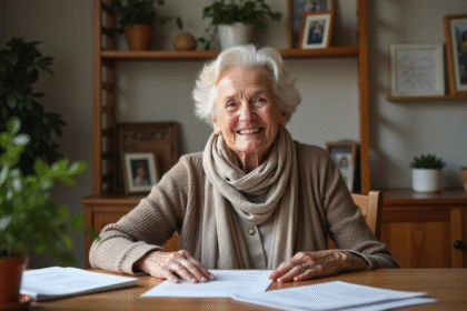 Seniorete souriante avec papiers à la maison