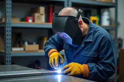 Soudeur professionnel en atelier moderne lors de la soudure TIG
