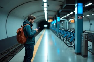 Station de métro Ligne 14 avec parking Vélib' et voyageur consultant son téléphone sur le quai