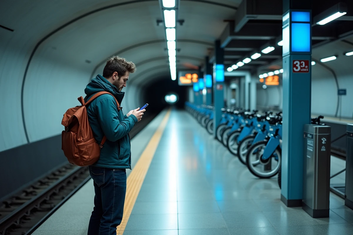 Station de métro Ligne 14 avec parking Vélib' et voyageur consultant son téléphone sur le quai
