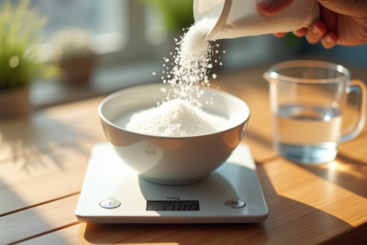 Poussière de sucre blanc dans un bol avec eau sur table ensoleillée