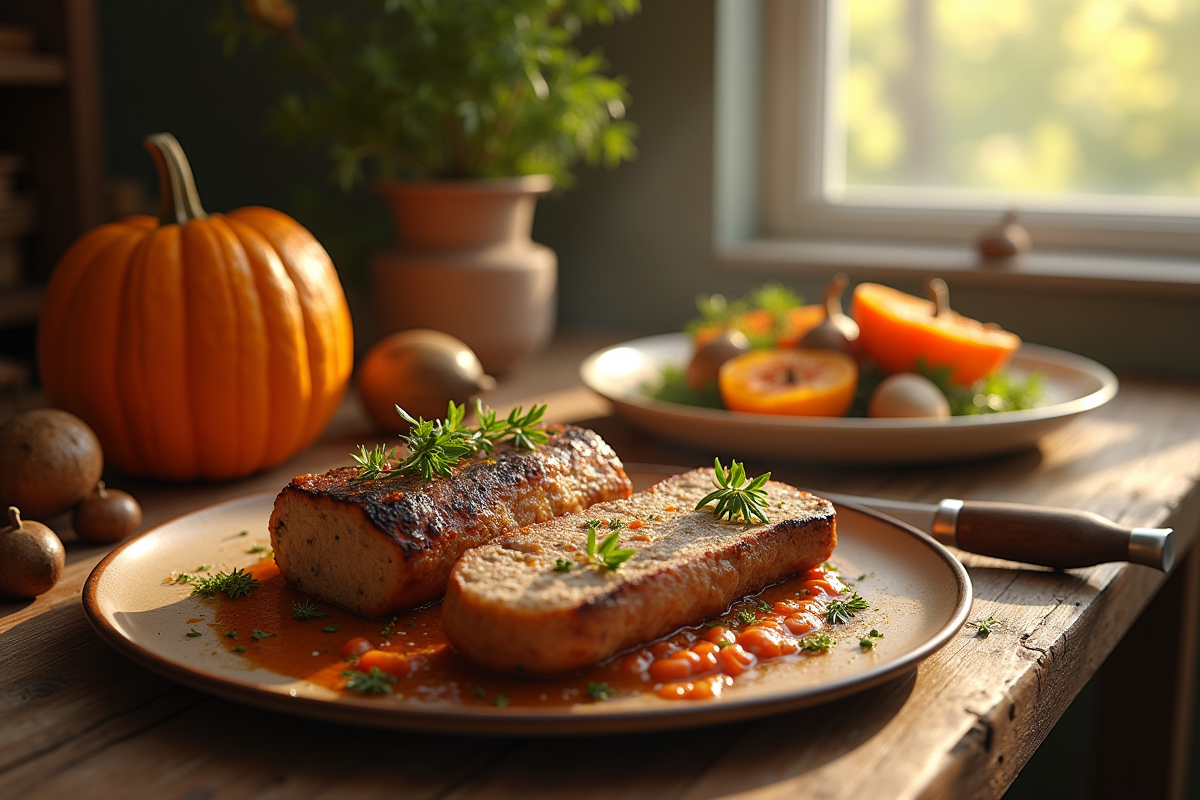 Table rustique avec boudin blanc et légumes d'automne