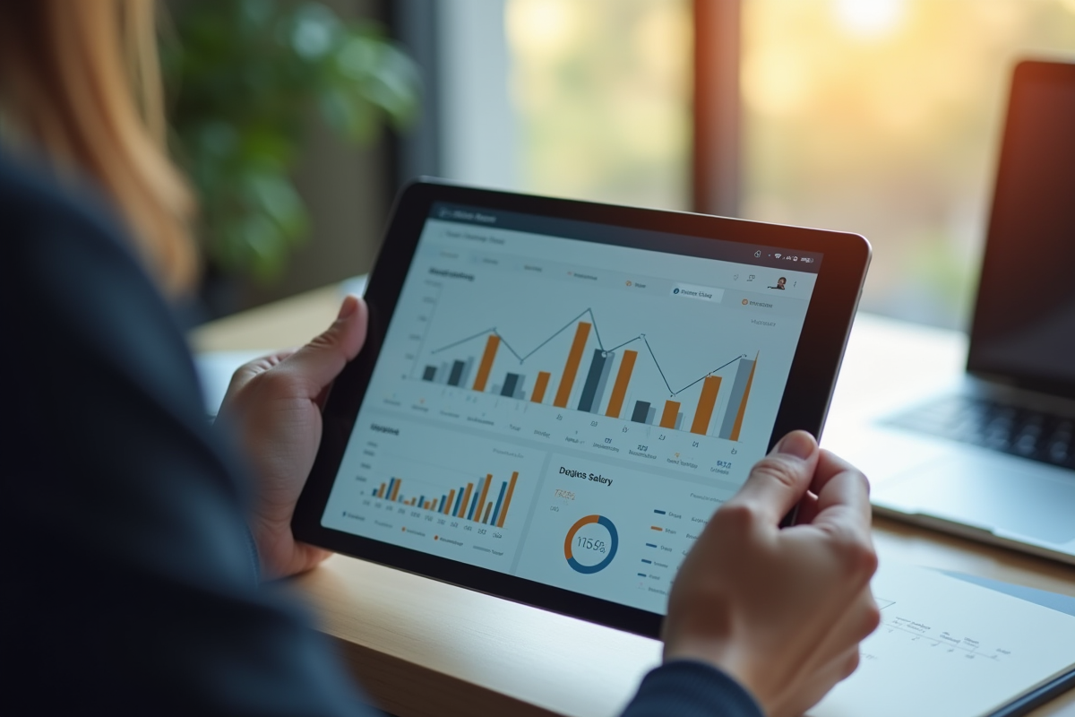 Mains tenant une tablette avec un tableau de statistiques de salaire