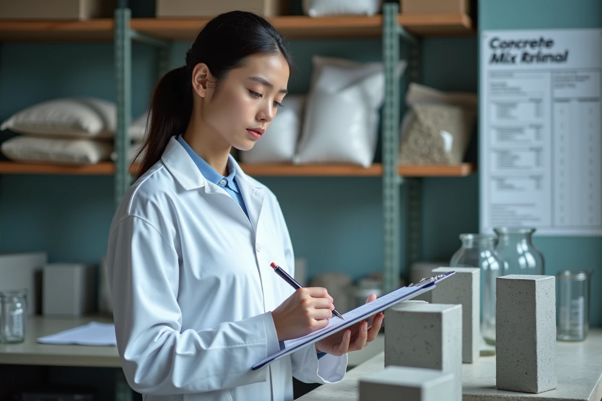 Technicienne de laboratoire prenant des mesures sur un cube de béton