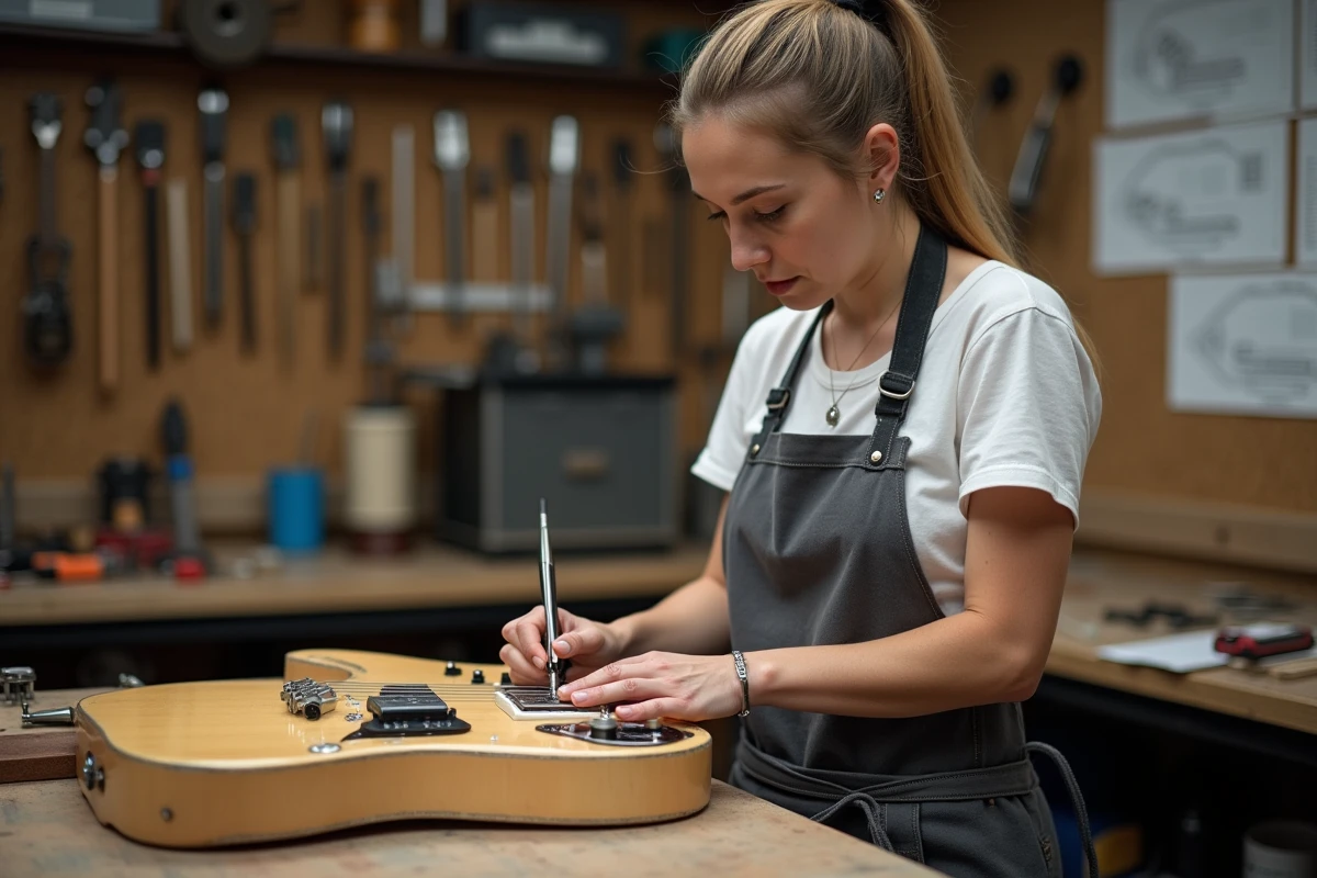 Technicienne luthier réalisant le câblage de micros Samarium Cobalt Noiseless sur une Fender Stratocaster démontée en atelier