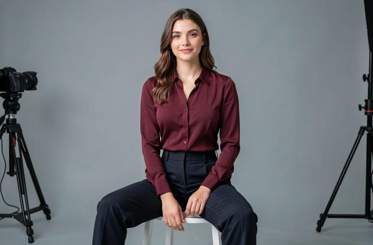 Jeune femme posant pour un book photo professionnel dans un studio moderne à Blyes, photographiée par Top Shooting