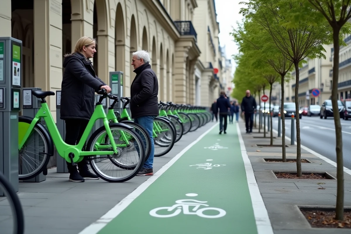 Trottoir large près d'une sortie Ligne 14 avec station Vélib' et usagers en train de stationner leurs vélos