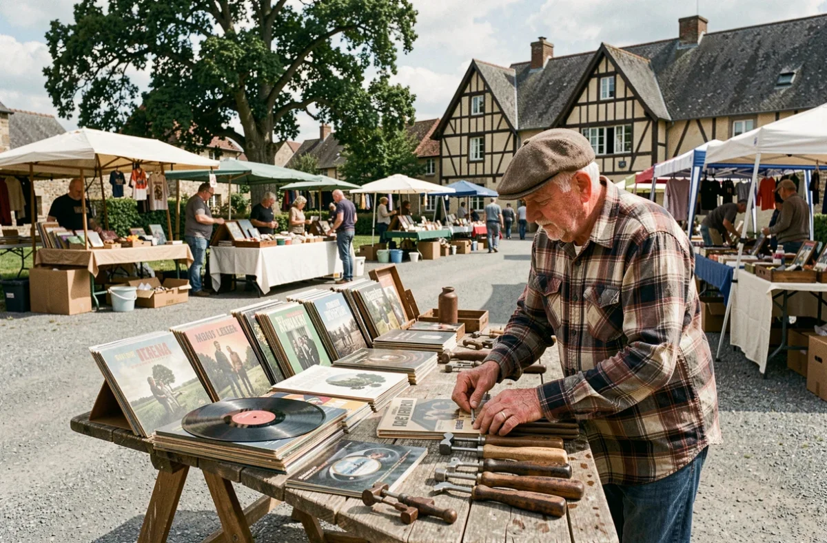 Vendeur arrangeant disques vinyles et outils anciens sur une table de vide grenier dans un village de l'Orne